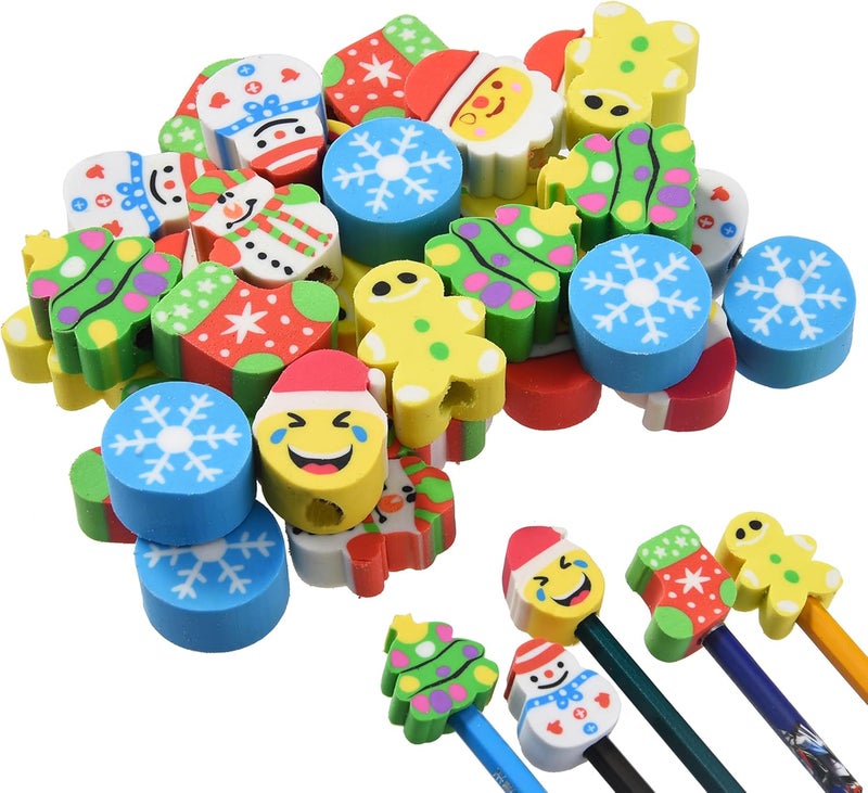 TDOCK 42 Pieces Christmas Pencil Top Erasers for Kids, Christmas Pencil Erasers Toppers Bulk, Cute Mini Cap Erasers for Holiday Party Favors Classroom Rewards Goodie Bags Stuffers Stocking Stuffers - Image 1